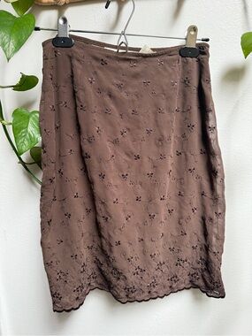 Express Brown Embroidered Midi Skirt